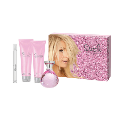 Set Dazzle de Paris Hilton para mujer, incluye perfume Eau de Parfum 100 ml, loción 90 ml, atomizador 10 ml y gel de ducha 90 ml, fragancia femenina y elegante.
