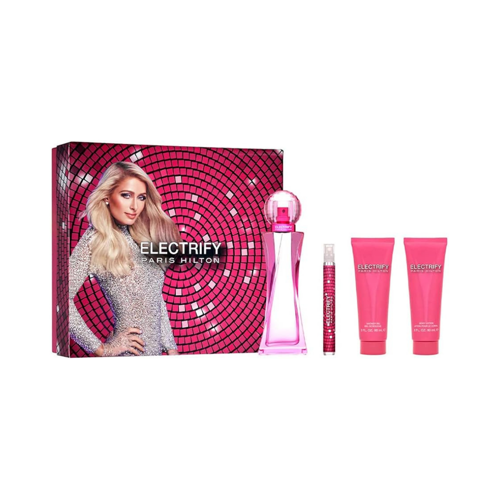 Set Electrify de Paris Hilton para mujer, incluye perfume Eau de Parfum 100 ml, loción corporal 90 ml, atomizador de viaje 10 ml y gel de ducha 90 ml, fragancia oriental floral y energética.